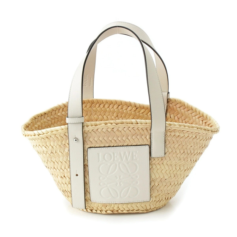 Loewe Basket Raffia x Leather Handbag Beige Cream White